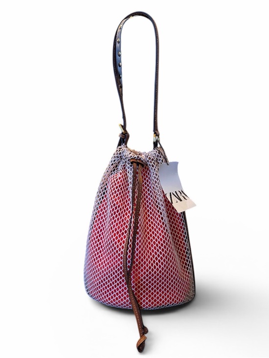 Zara Handbags - NEW! Zara Coral - Red Mesh Drawstring Bucket Bag with Brown Leather Trim